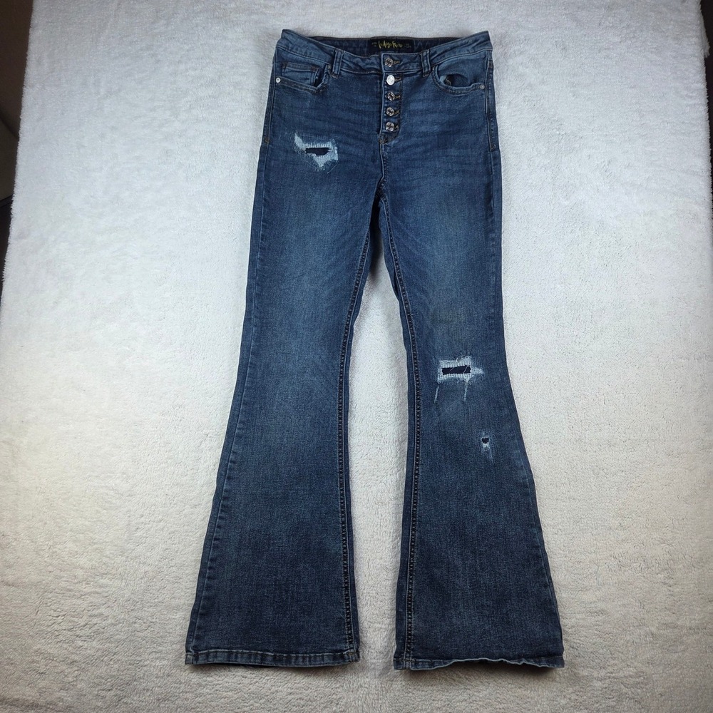 Indigo Rein Womens Size 13 Flare Jeans Button Fly Distressed Denim 30W/32.5L